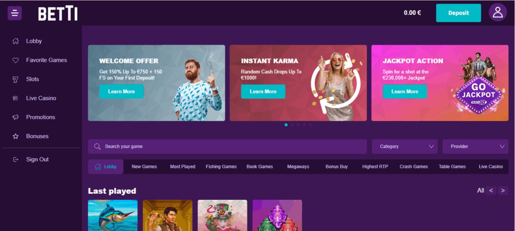 Betti Casino Screenshot from homepage